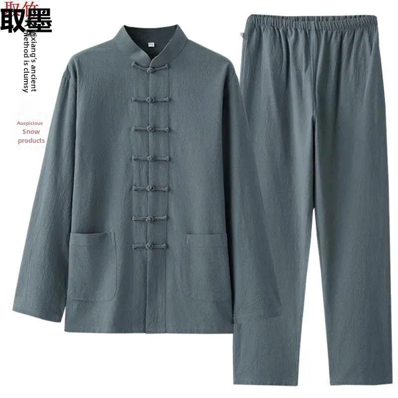 Vintage Cotton Linen Suit Men's Youth Suit Traditional Chinese Style Tang Costume Gentleman Hanfu Zhongshan Clothing Tai Chi Ser