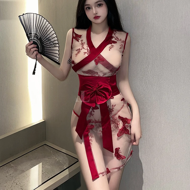 

Sexy Butterfly Kimono Dress Women's Traditional Transparent Miniskirt Japanese Fashion Perspective Temptation Cosplay Costumes