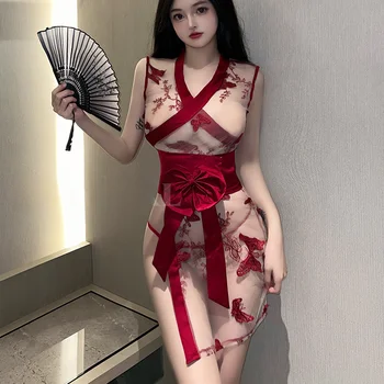 Robe Kimono papillon Sexy pour femmes, mini-jupe transparente traditionnelle, mode japonaise, Perspective, tentation, Costumes de Cosplay