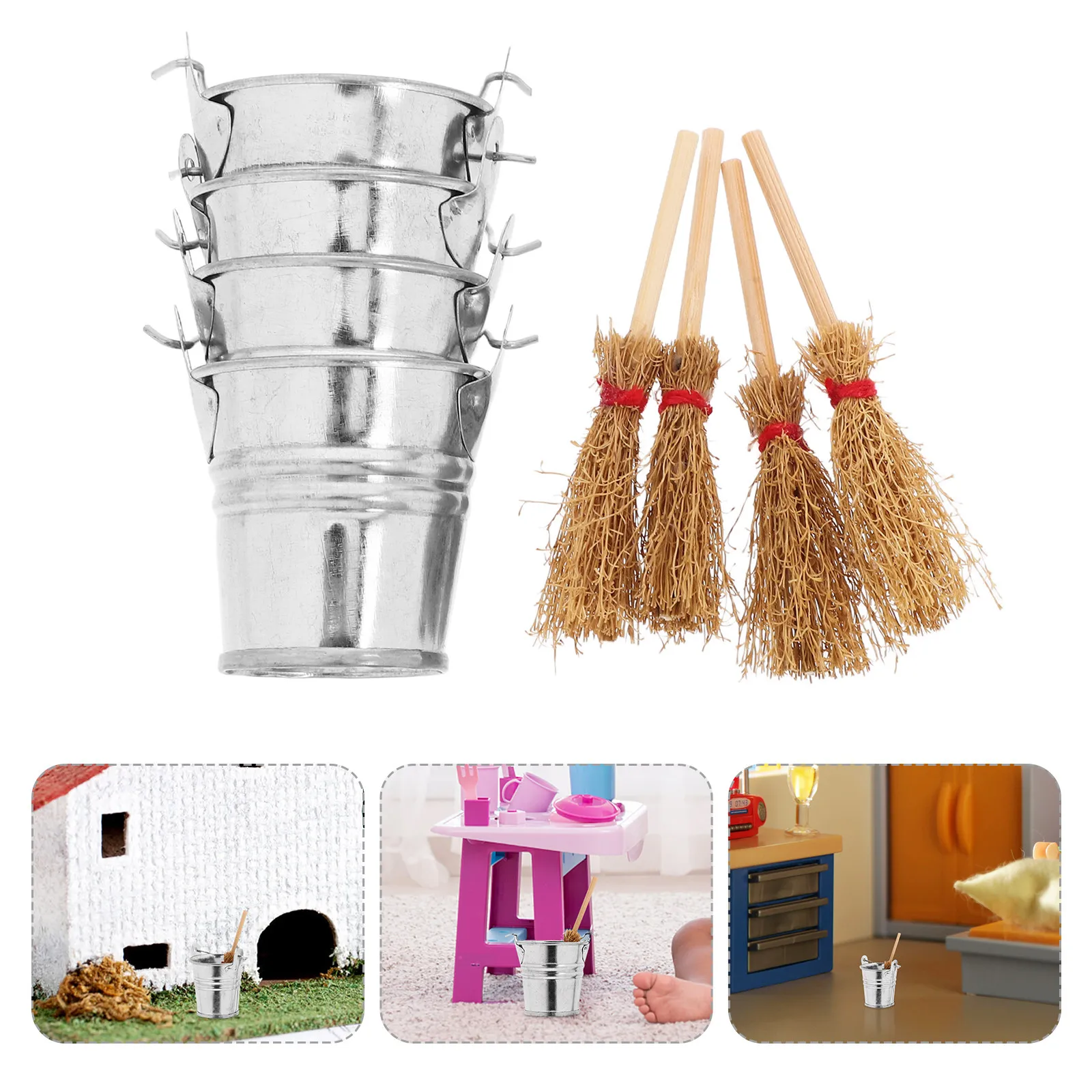 

Набор миниатюрных предметов для уборки: метла и ведро для миниатюрного домика, реалистичный декор для кукольного домика