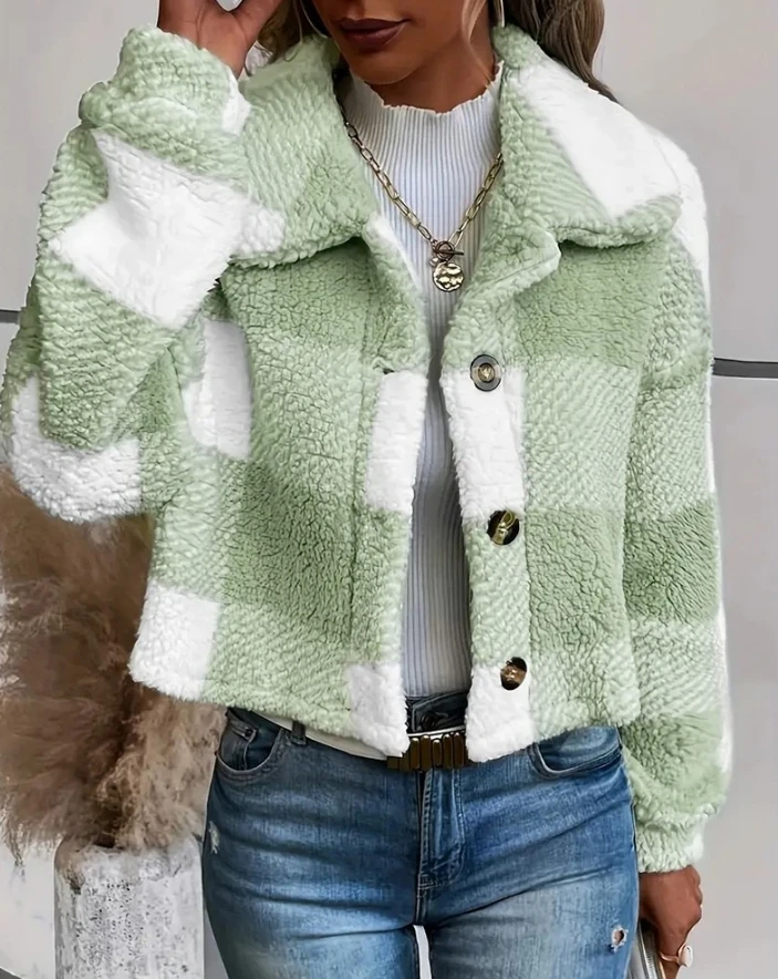 Women's Jacket 2024 Autumn Fashion Plaid Pattern Turn-Down Collar Button Front Long Sleeve Casual Daily Crop Teddy Coat