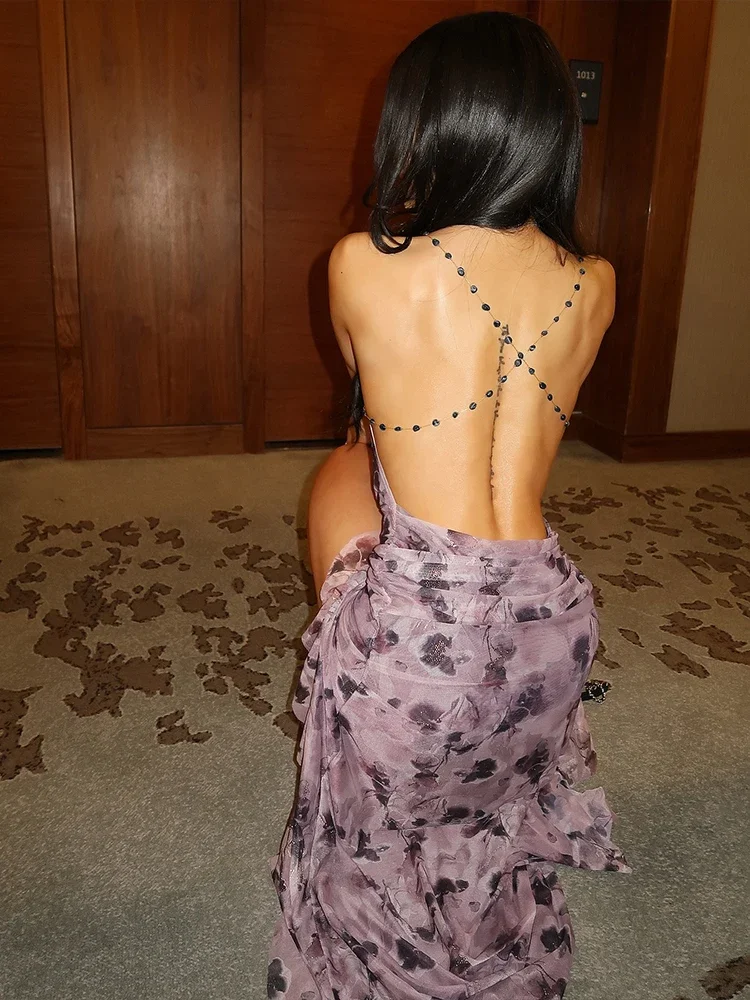 Leosoxs زهرة طباعة فستان سلسلة نسائية الرسن سوينغ طوق عارية الذراعين Ruched الكشكشة عطلة الشاطئ موضة طويلة Bodycon