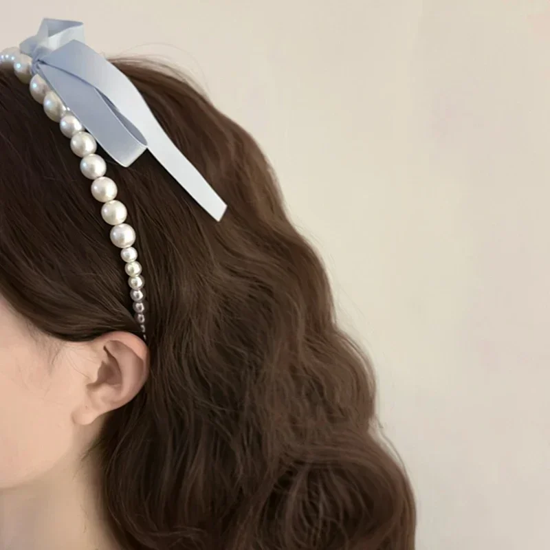 New Pink Blue Bow Ribbon Pearl Headband for Women Sweet Girls Temperament Hairpin Super Fairy Gentle Headband Headwear