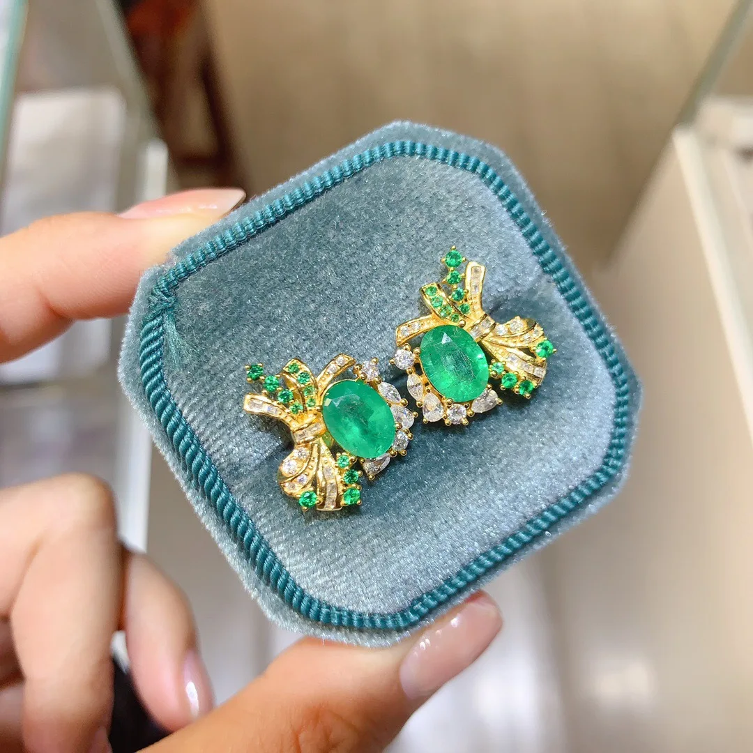 Genuine Emerald Gemstone Earrings Deep Forest Green Radiant S925 Sterling Silver Timeless Elegant Women Party Jewelry