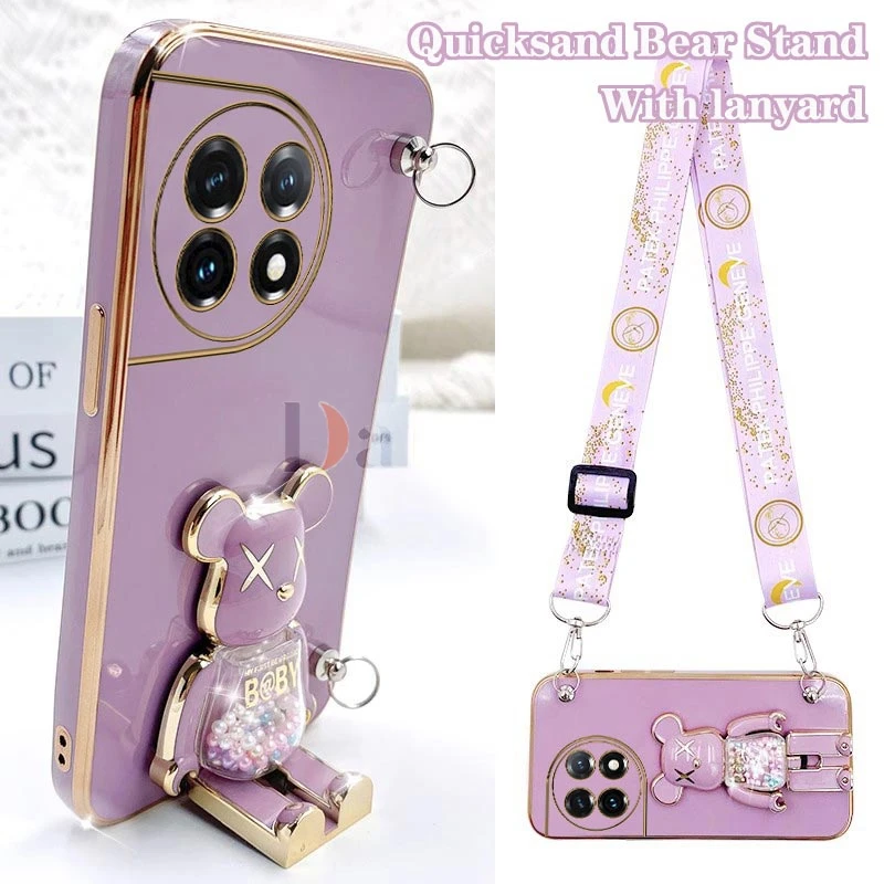 Cartoon Bear Lanyard Plating Phone Stereoscopic Holder Case For OnePlus 11 9 Pro 8T 11R  9RT 9R 10T 10 Pro 10R Cover