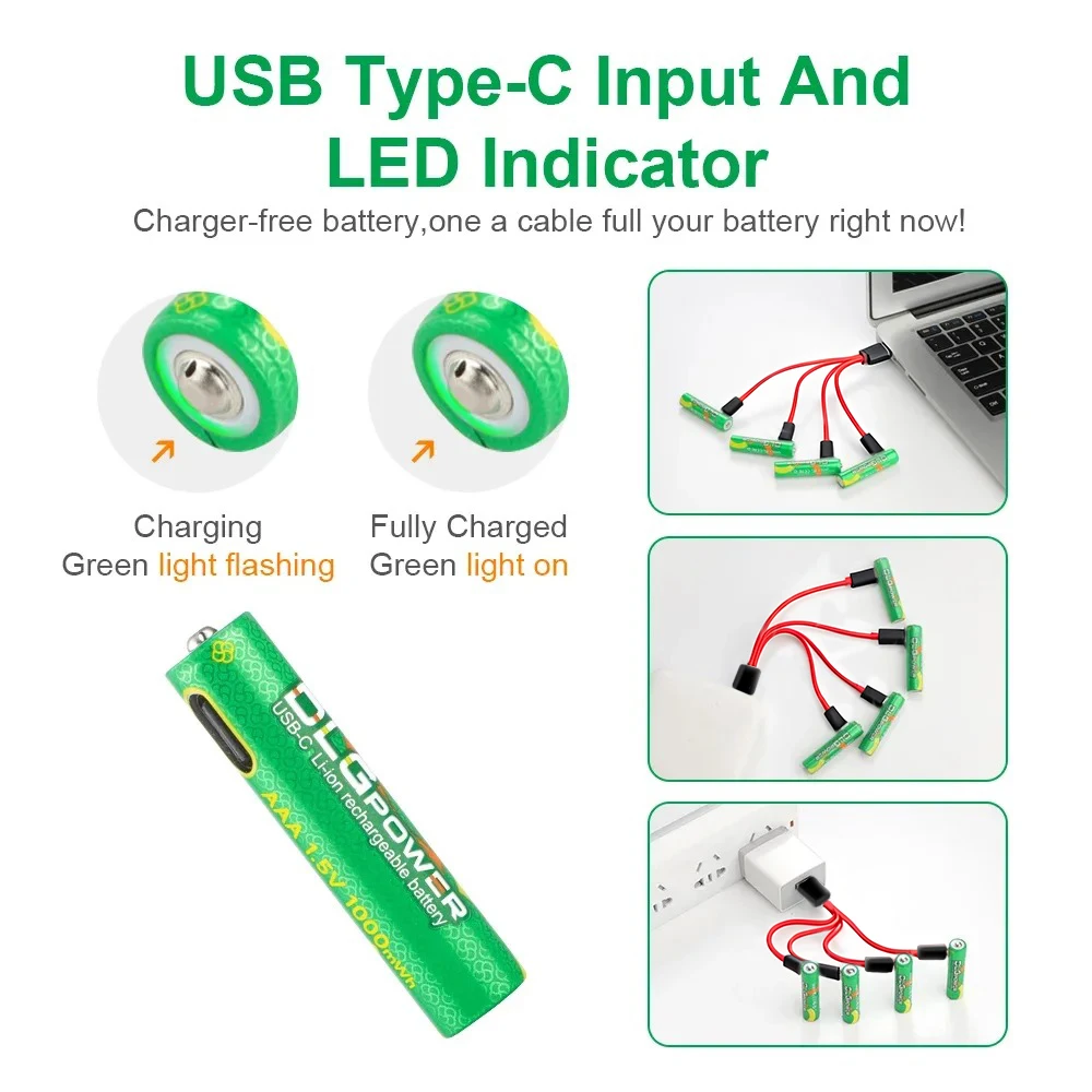 DLGpower Type-C AAA Lithium-ion Rechargeable Batteries 1.5V 1000mwh li-ion Battery for Remote Control Mouse Electric Toy Camera
