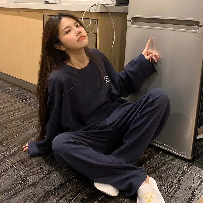 New Lovely Pajama Ladies Spring Autumn Pyjamas Waffle Long Sleeve Nightgown Loose Casual Sleepwear Crew-neck Printed Home Wear