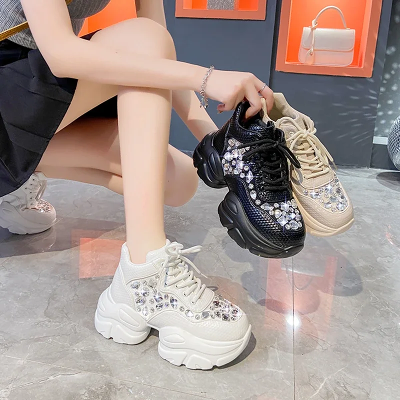 Spring Autumn New Sports 7.5CM Thick Soled Shoes for Women Fashion Diamond Inlaid Luxury Original Design Fashion Women's Shoes