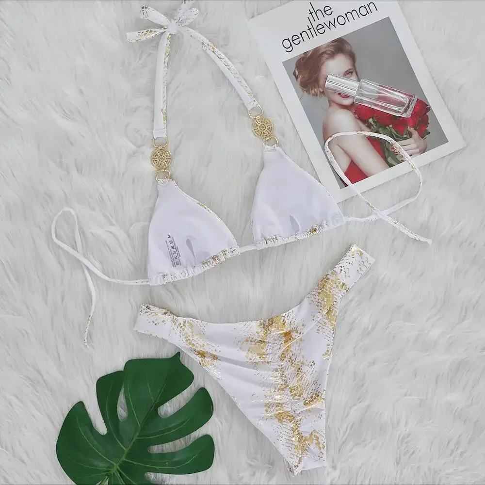 ثعبان نمط البرنز المرأة بيكيني كريستال الماس المعادن الملحقات ملابس السباحة