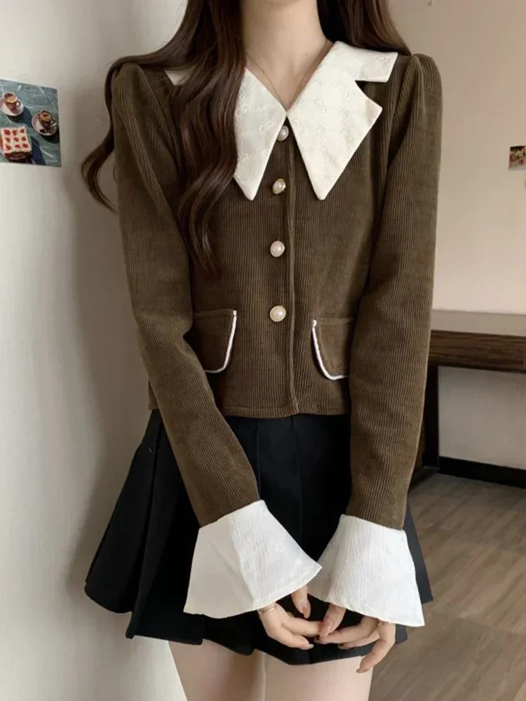 Vintage Schlanke Frauen Cord Hemd Casual Patchwork Süße Bluse Elegante Tasten Koreanische Einfache Frühling Retro Weibliche Tops Neue