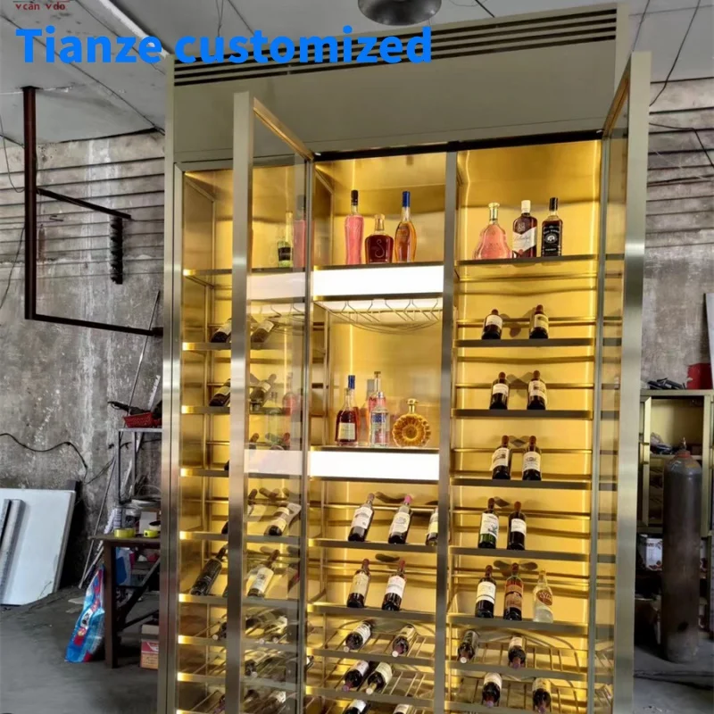 [Customized]modern luxury wine storage cabinets display rack wall stainless steel glass wine cellar restaurant with led ligh