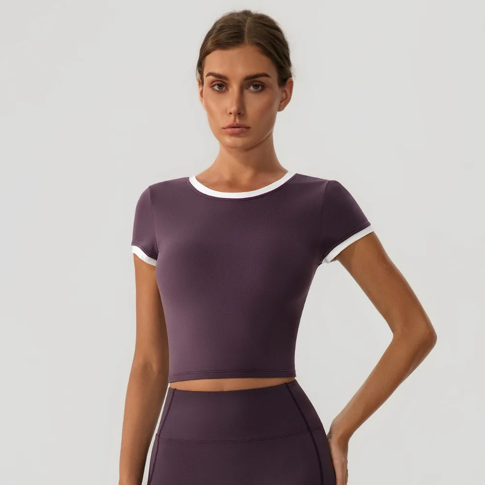 

Maxdutti New Summer Casual T-shirt Slim Yoga Suit Short Sleeved Outdoor Running Contrasting Round Neck Top Female Clothing 2026