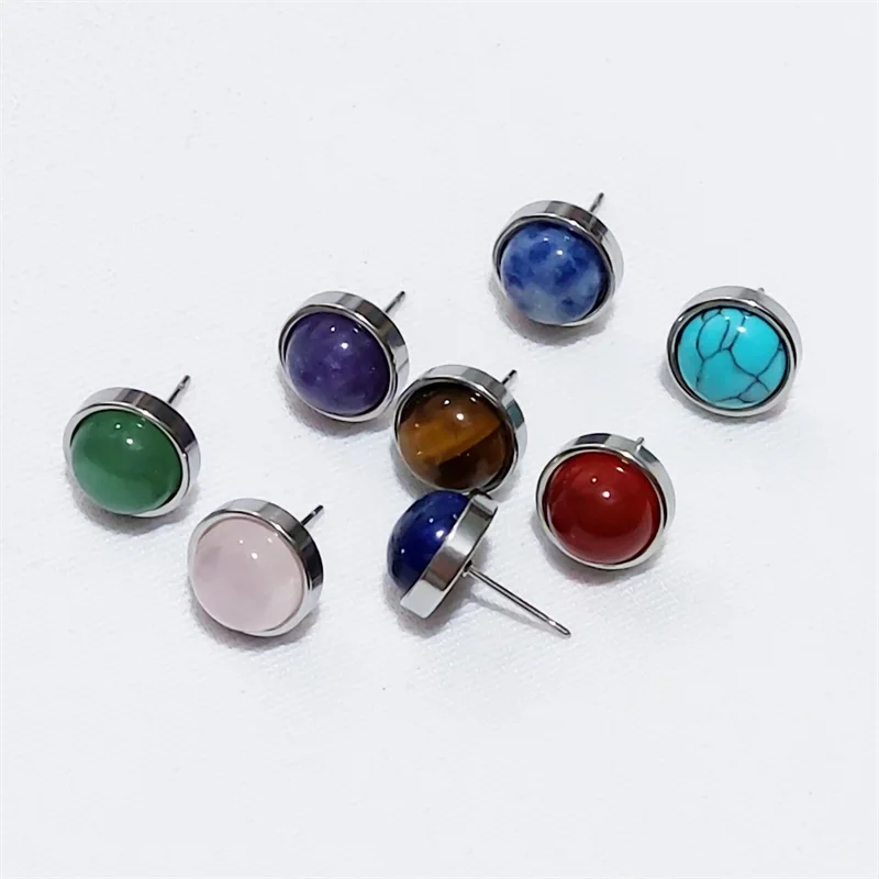 Natural Stone Earrings Healing Crystal Quartzs 10mm Round Beads Steel Stud Fashion Ear Jewelry for Women Girl Wholesale