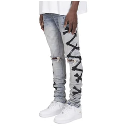 Ripped Jeans For Men Stretch Slim Printed Bones Skinny Pants Men Hip Hop Denim Trousers Streetwear Casual Stacked Jeans Blue