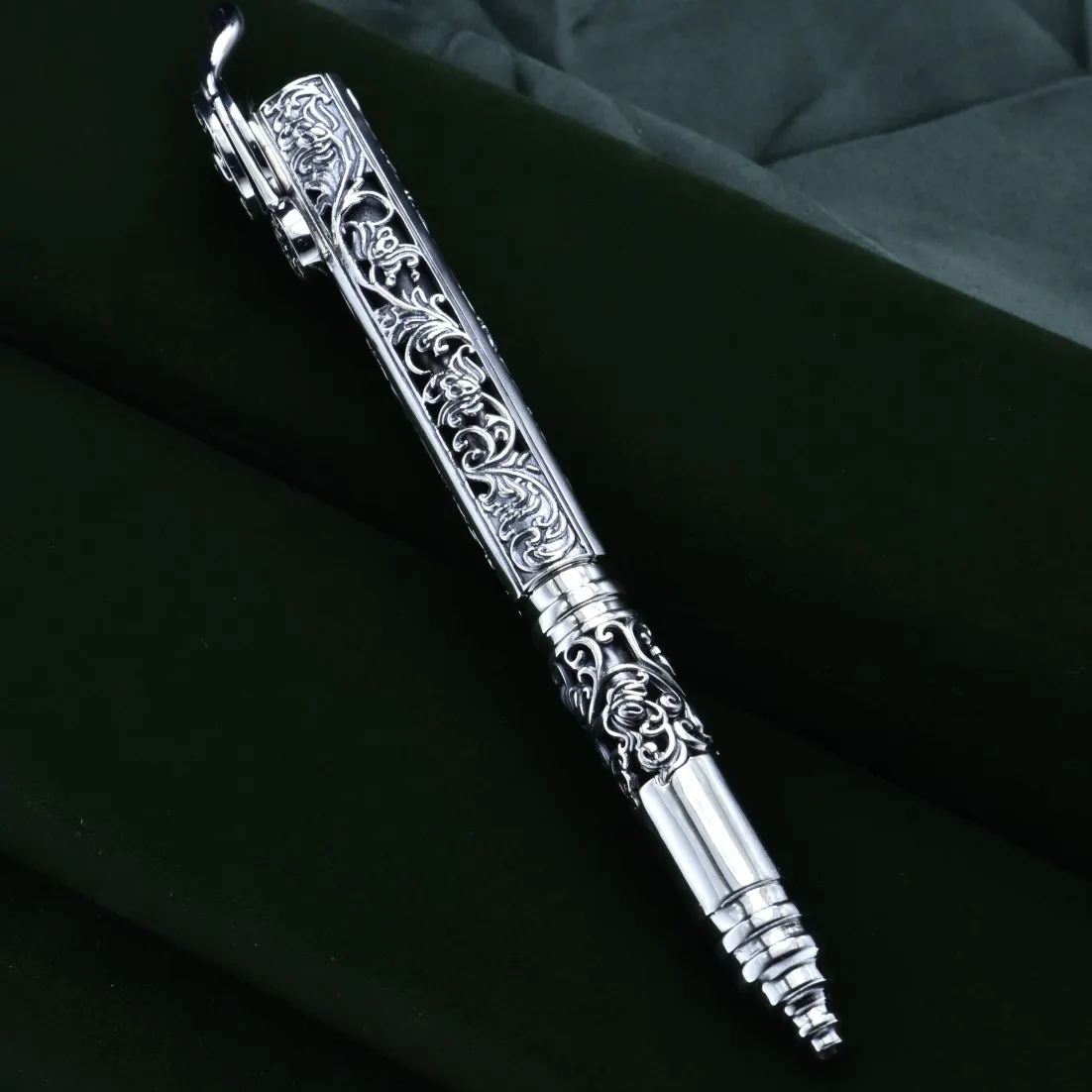 925 pure silver craft Tang grass pattern pure silver classical ballpoint pen retro hollow office pen signature pen