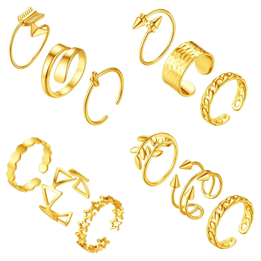 U7 gold color copper Open Rings for Women heart leaf waterdrop bamboo Cuff Resizable Jewelry QC24