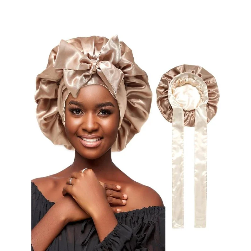 Pleated Design Lace Up Front Satin Hair Bonnet, Solid Minimalist Matching Wide Band Hair Bonnet, Trendy Sleeping Bonnet