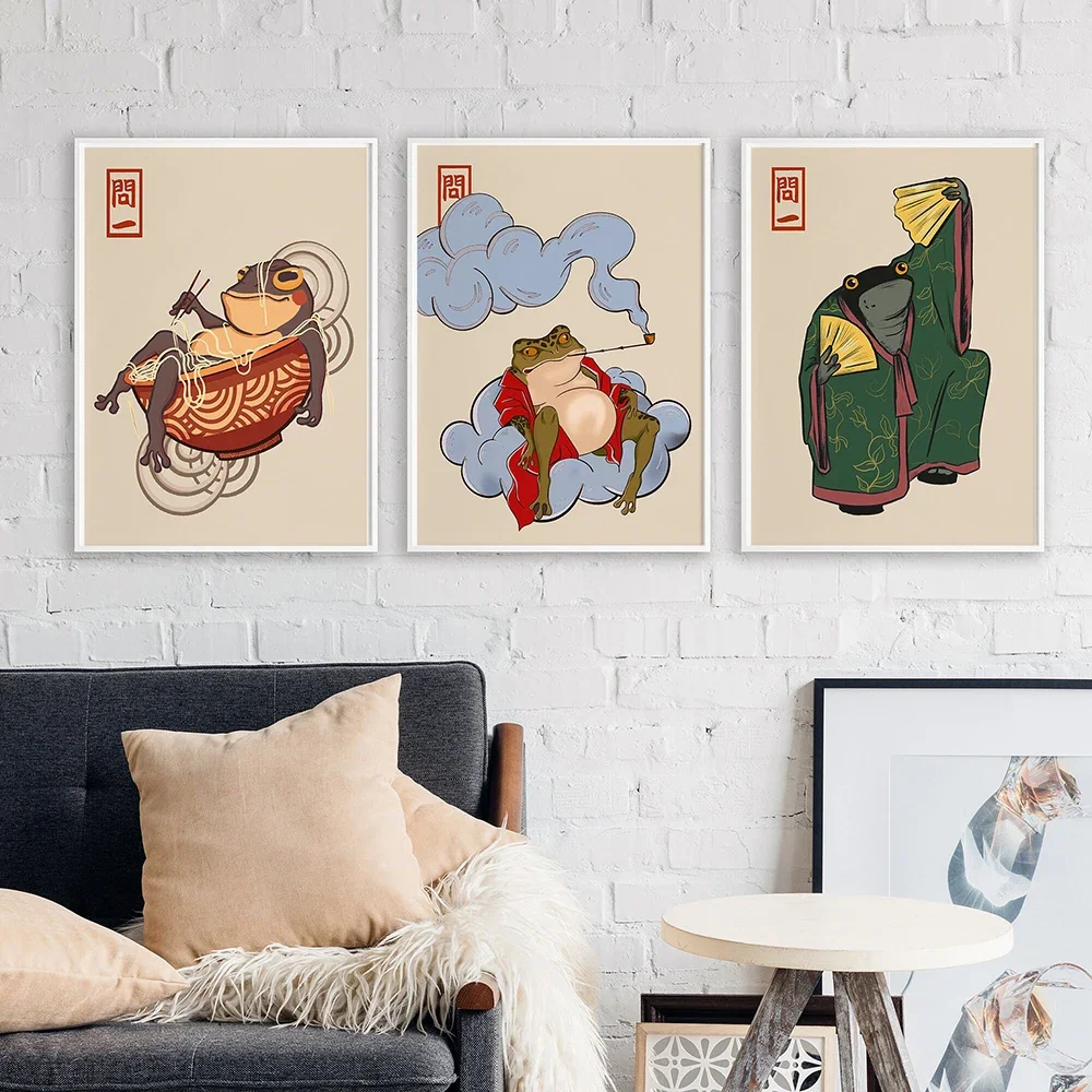 

Vintage Antique Matsumoto Hoji Frog Poster Canvas Print Japanese Funny Frog Eating Ramen Smoking Dance Wall Art Canvas Painting