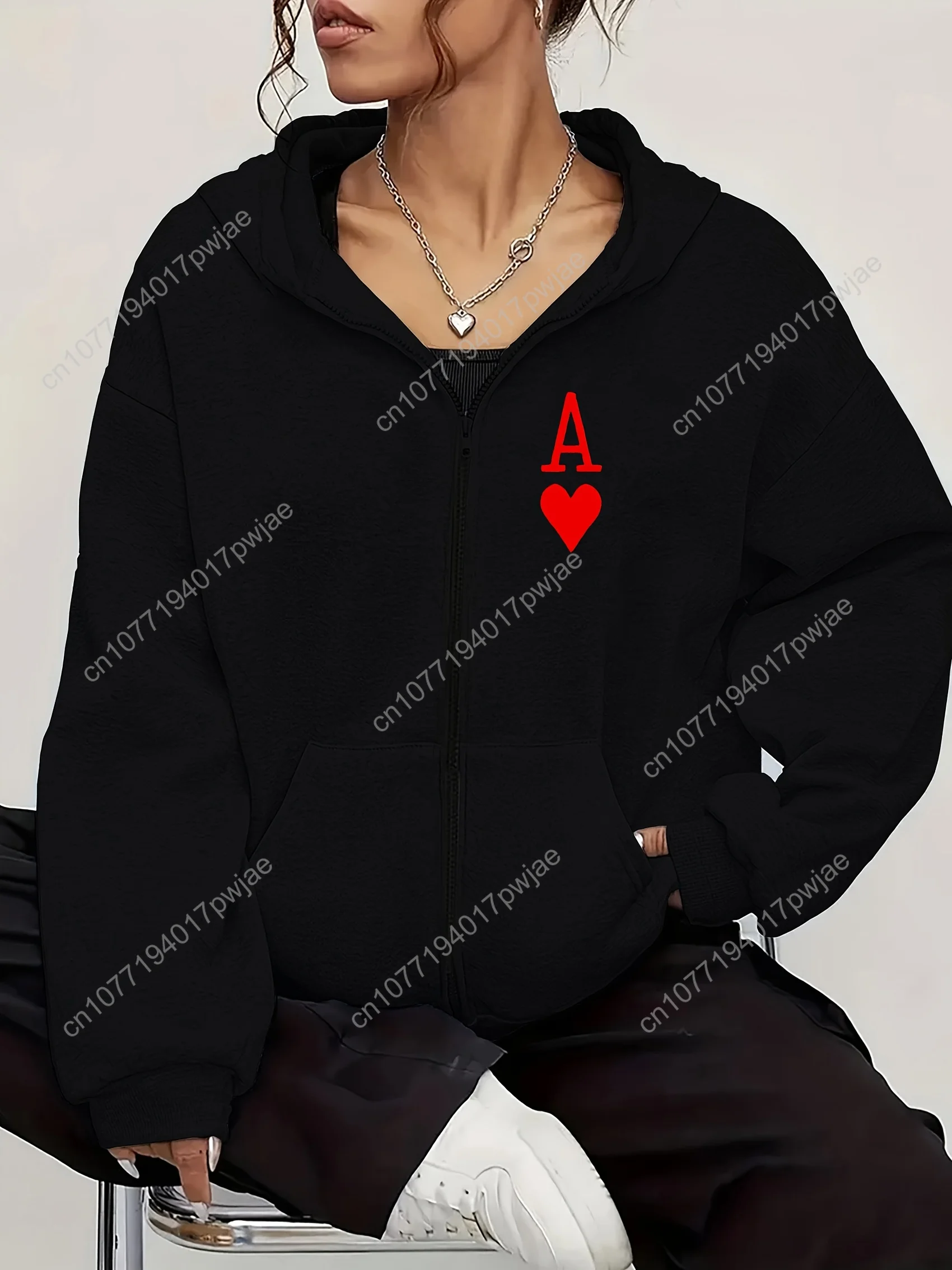Moletom feminino casual com estampa Ace of Hearts – pulôver elegante com zíper, conforto para todas as estações, bolsos, mistura de poliéster, máquina