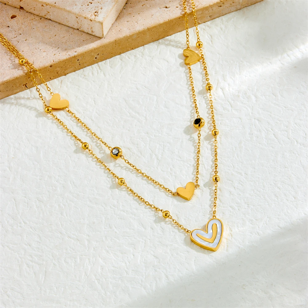 DIEYURO 316L Stainless Steel White Shell Heart Zircon Double-layer Necklace For Womens Girl New Fashion Neck Chain Jewelry Gift