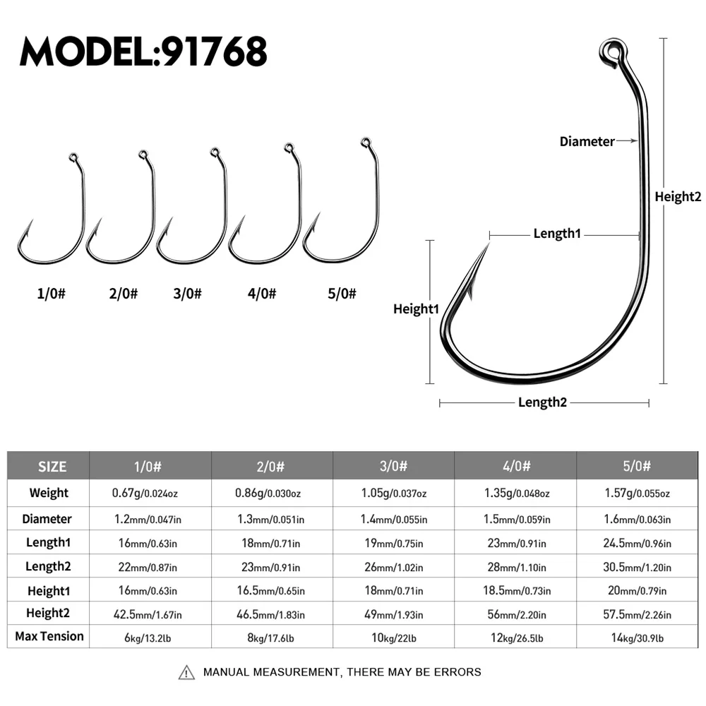 PROBEROS 50PCS Fishing Hooks: Wide Body Carbon Steel Curved Hook Set for Soft Bait Fishing - Long Shank Bait Hook