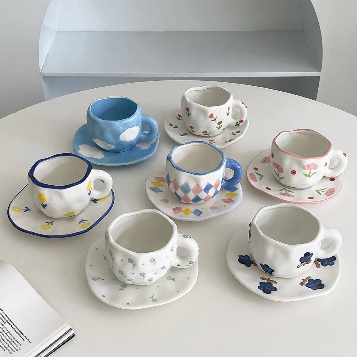 1Pc 280ml Original Design Nordic Style Hand-Painted Ceramic Coffee Cup and Saucer, Multi-Color Plaid, Heart, Blue Sky and White Clouds, Floral Mug, Suitable for Afternoon Tea, Milk Cup and Saucer, Latte Cup, Dessert Plate, Cup and Saucer Set, Great Gift Item view 2