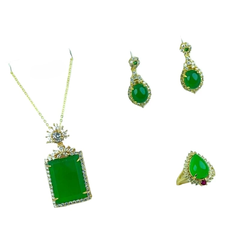 

Natural chalcedony inlay set, high ice emperor green chalcedony no matter brand pendant, earrings, ring set.