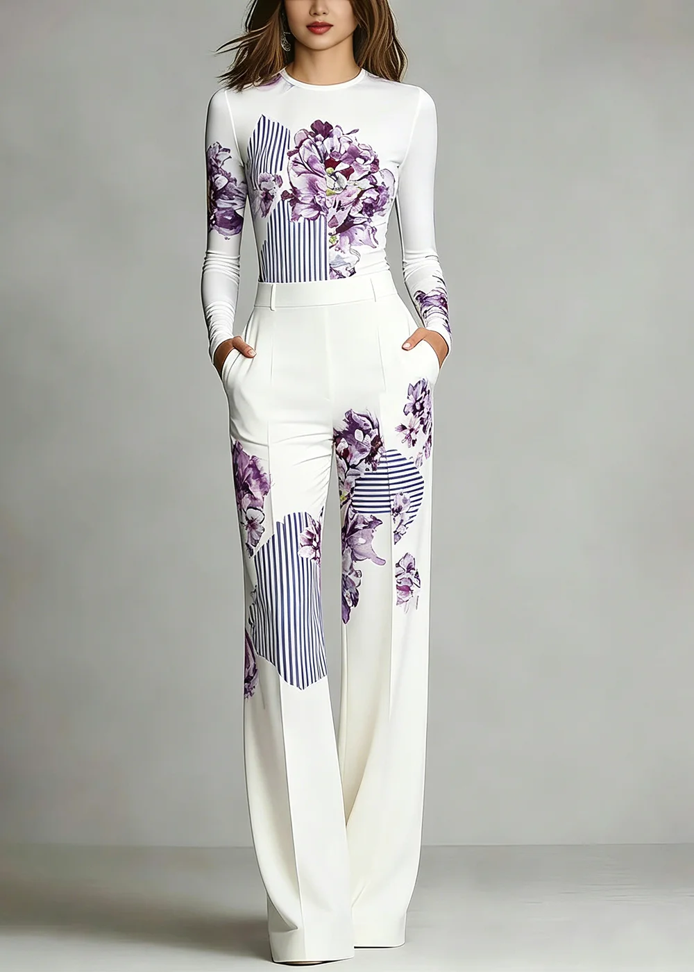 

Women's Elegant 2 Piece Outfit Long Sleeve Round Neck Floral Stripe Print Top Slim Wide Leg Pocket Pants Set Daily Office Wear