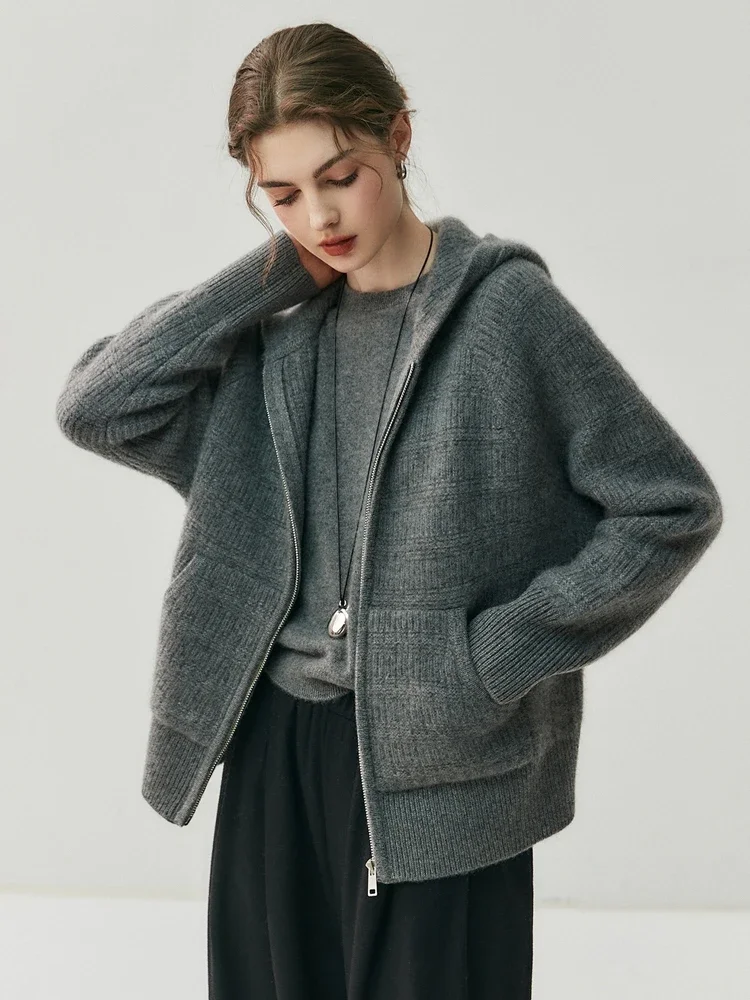High-Quality Clothes 100% Cashmere Women's Cardigan Sweater Autumn Winter Coat Hooded Zip Cardigan Warm Soft Fashionable Jacket