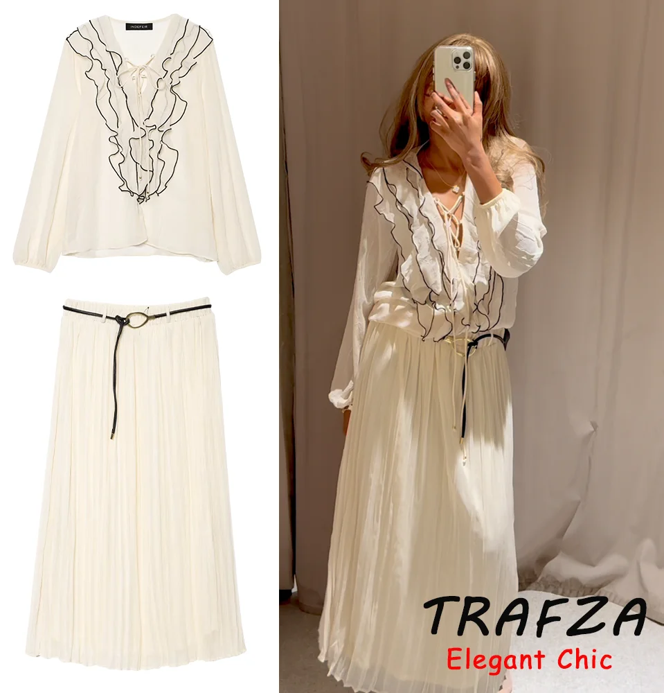 

TRAFZA Women Vintage Skirt Set V-neck Ruffle See-through Shirt Draping Belt Skirt New 2025 Spring Summer Fashion Holiday Set