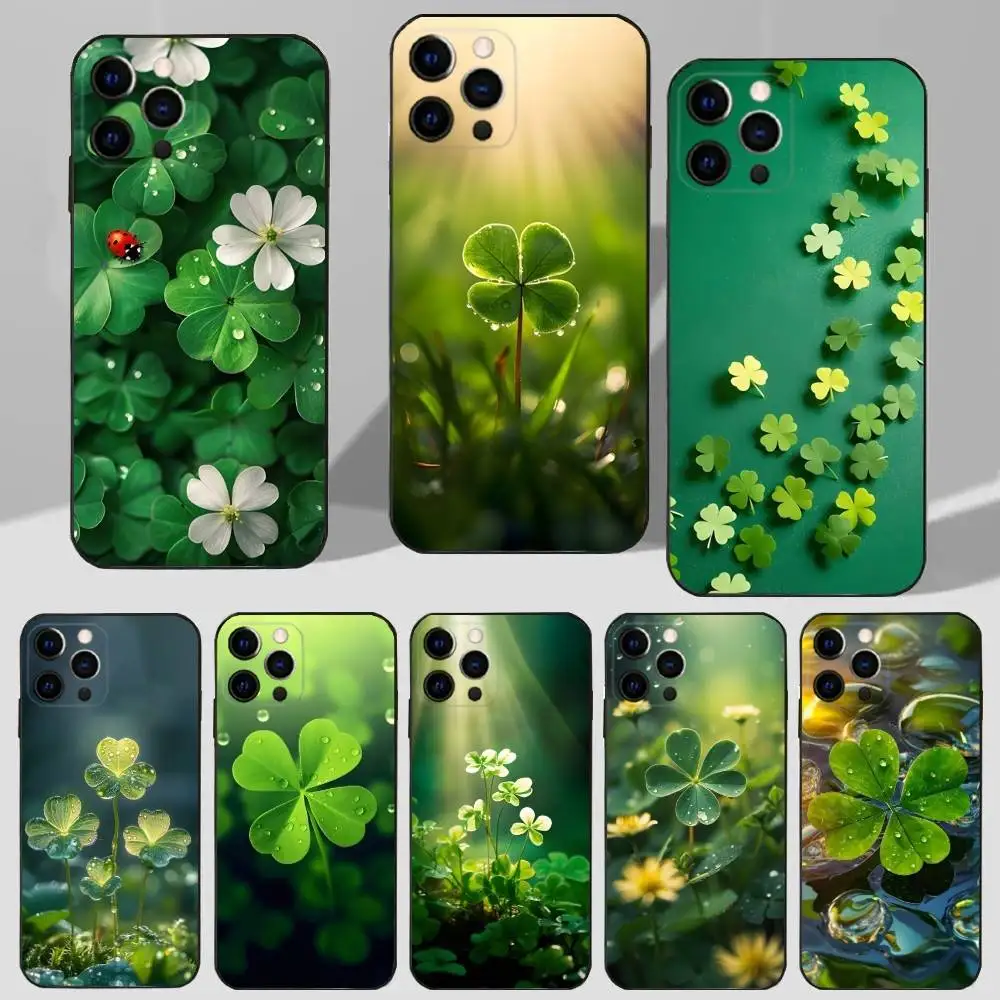 

Clover Plant Four Leaf Case For iPhone 16,15,17,14,13,12,11 Plus,Pro Max,XS,X,XR,SE,Mini,8,7 Soft Silicone Black Cover