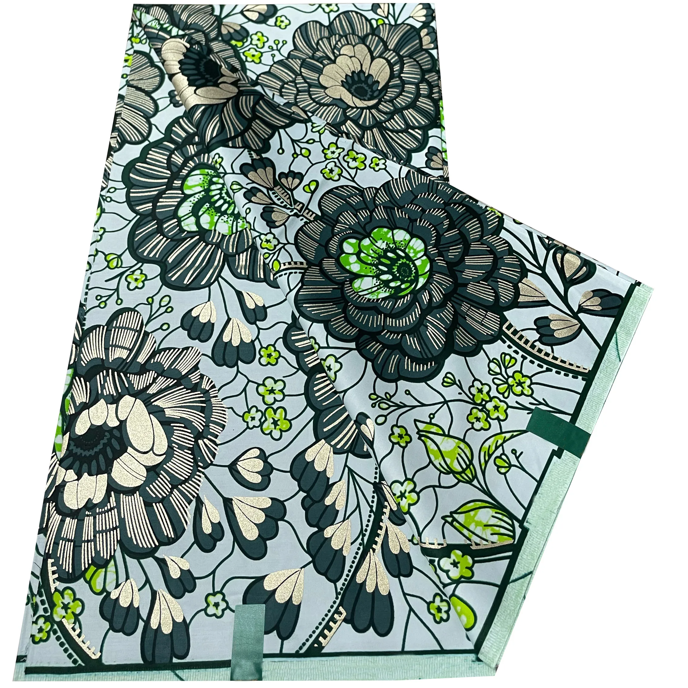 African Wax Print Ankara Fabric 6 Yards Green Floral Golden Print Hollandais Pagne for African Women Garment Sewing