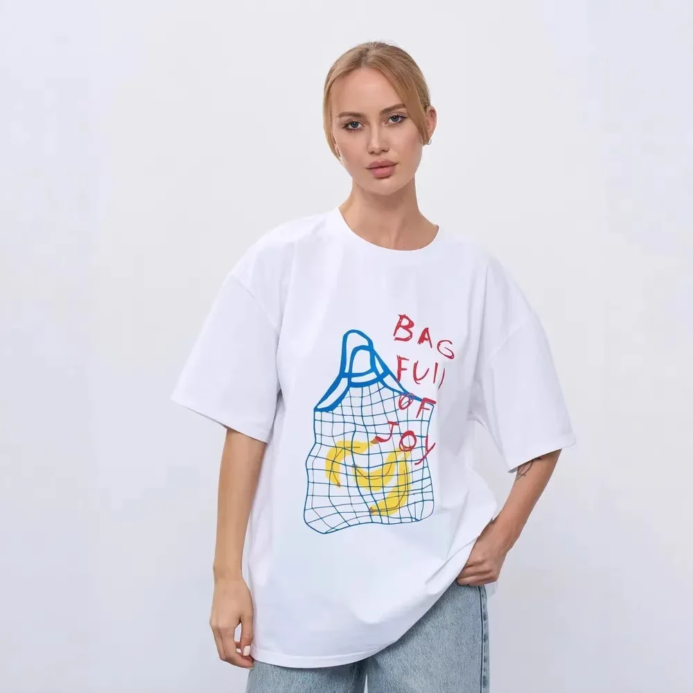 Women Oversized T‑Shirt Bag Full of Joy Banana Mesh Bag Print Short Sleeve Loose Casual Streetwear Ladies Tops Harajuku