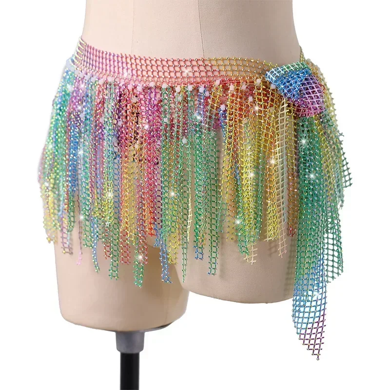 Belly Dance Women Hip Skirt Tassel Fringe Scarf Wrap Costume Short Tassel Chain Multi-layer Hot Drill Belly Dance Accessories