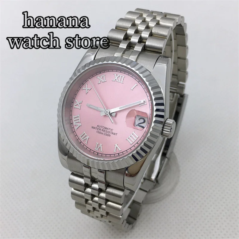 36mm/39mm men's automatic diving watch NH35 movement fluted bezel pink dial Roman numeral index date stainless steel bracelet
