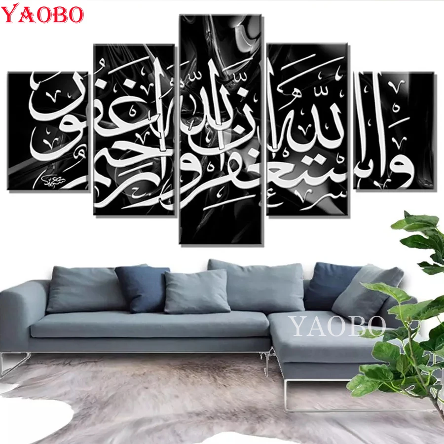 diy 5d diamond painting Black and White Islamic Calligraphy 5 Pieces diamond embroidery Multi Panel Modular Pictures,home decor