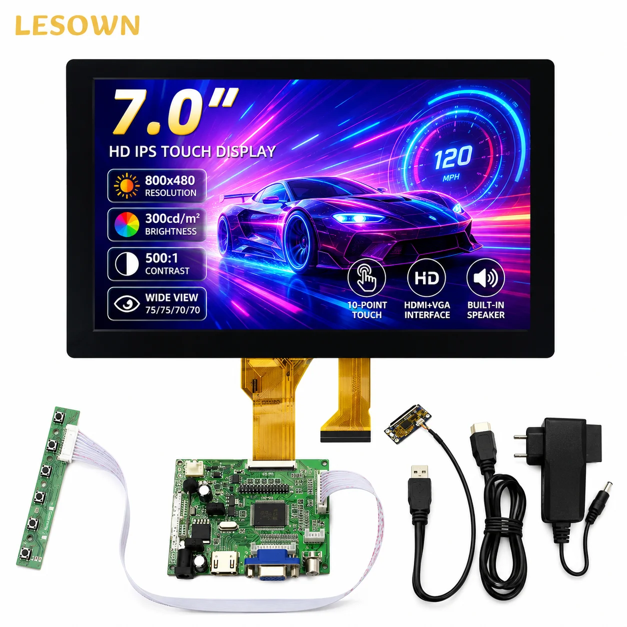 LESOWN 7" DIY Display Panel Kit Touch Screen 800x480 Resolution with HDMI VGA Interface Zero Setup for Industrial Equipment