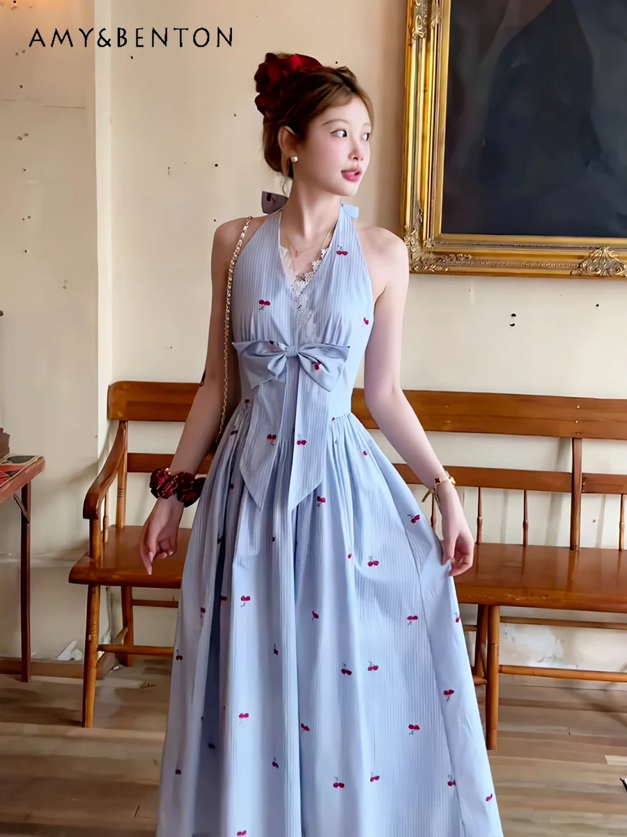 

2025 Summer New French Sweet Girl Striped Bowknot Halter Dress Blue High Waist Slimming Cherry Embroidery Sleeveless Long Dress