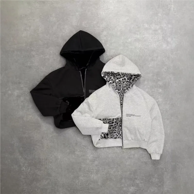 Street Hipster Hooded Fleece 2025 Autumn / Winter Both Sides Can Wear Leopard Restoring Ancient Ways Zipper Hoodie Pocket Blouse