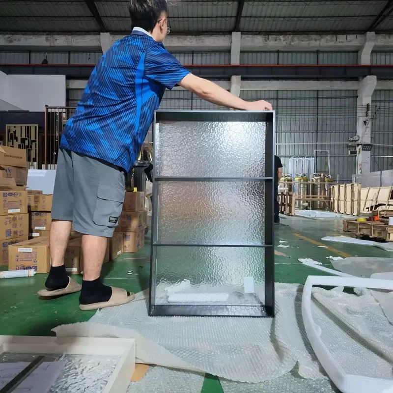 3-Tier Matte Black Stainless Steel Recessed Shower Niche, Water Ripple Glass Bathroom Wall Niche, Custom Size Available