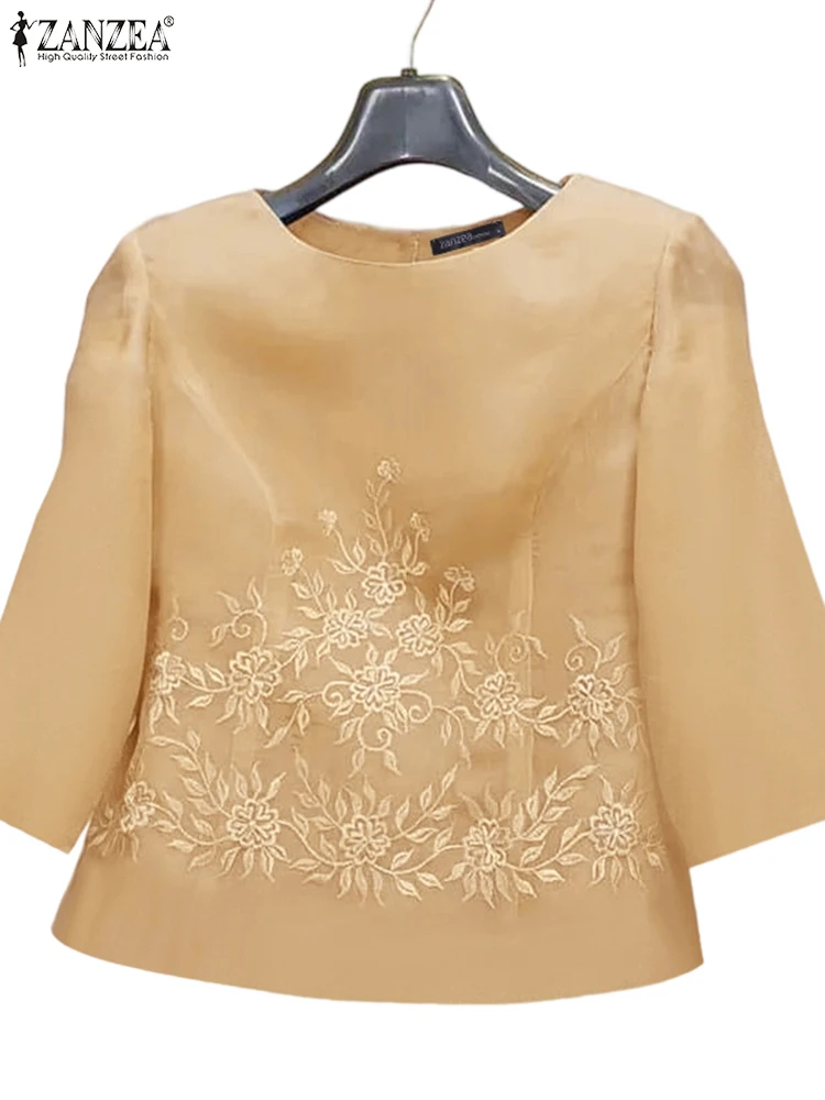 Vintage haftowane topy damskie bluzka trzy czwarte tunika ZANZEA 2025 elegancki styl Blusas drukowane lato O Neck sweter Baggy