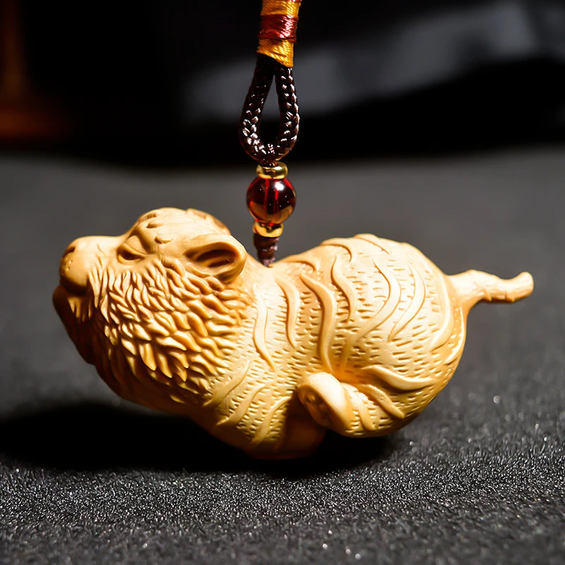 3 INCH Japanese Boxwood Hand Carved Animal Netsuke Sculpture Miniature Lovely Tiger- #W185