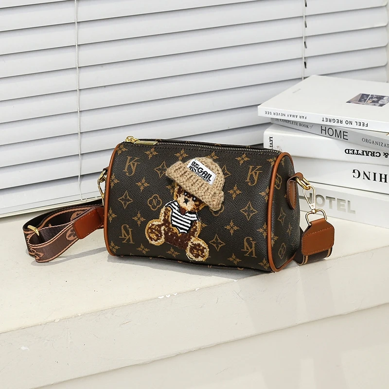 

Women's Adjustable handbag with Bear & Geometric Pattern - Coffee Brown Second-Layer, Golden-Tone Hardware, Zipper Closure