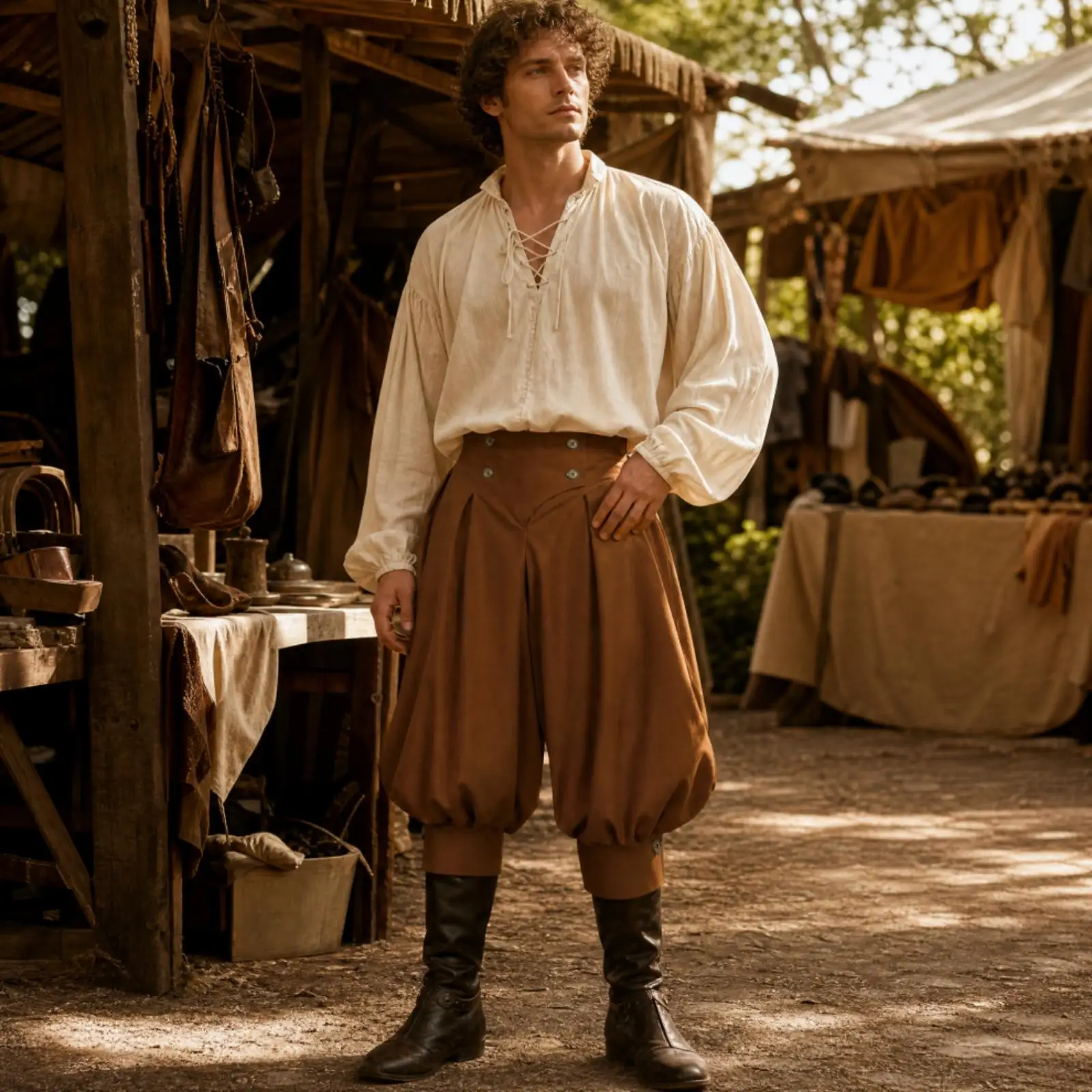 High-Waisted Knee-Length Pirate Trousers Pleated Pirate Costume Pants with Decorative Buttons Polyester for Stage Artists,