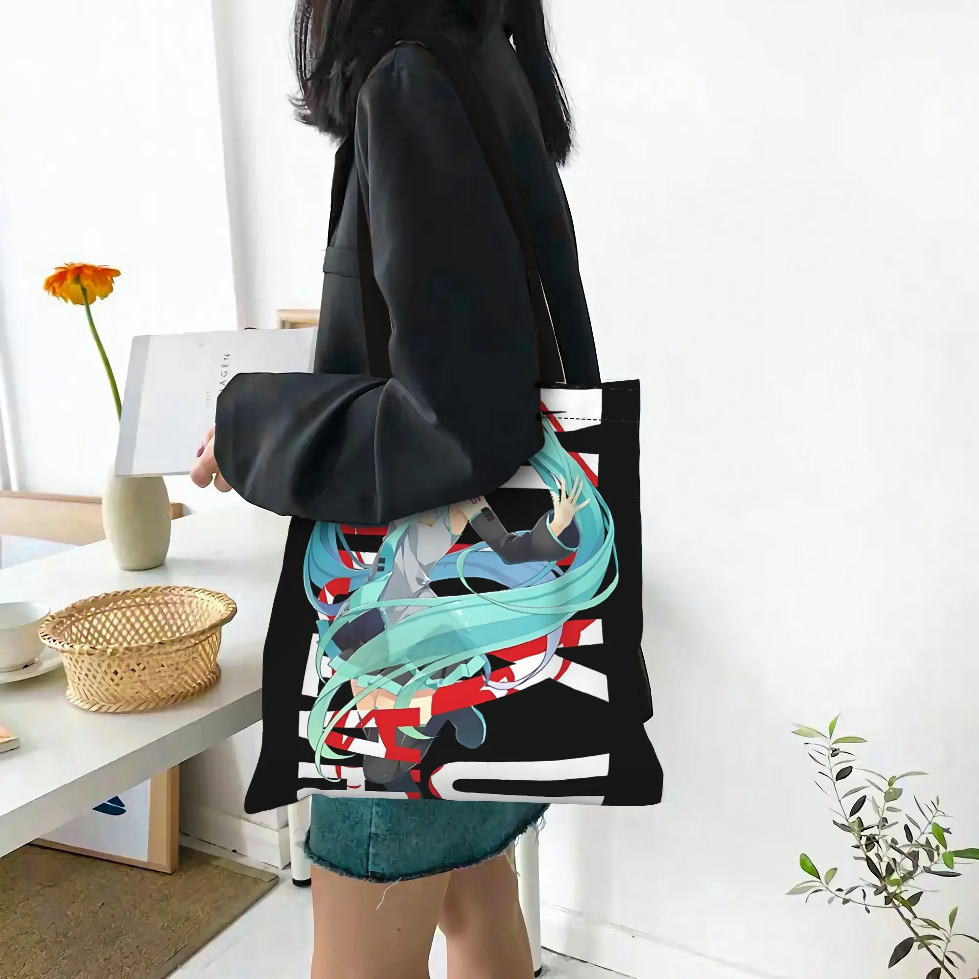 Customized Hatsune Miku Cartoon Singer Women's Bag Shopping Bag Reusable Double Sided Canvas Tote Bag Shoulder  Handbag