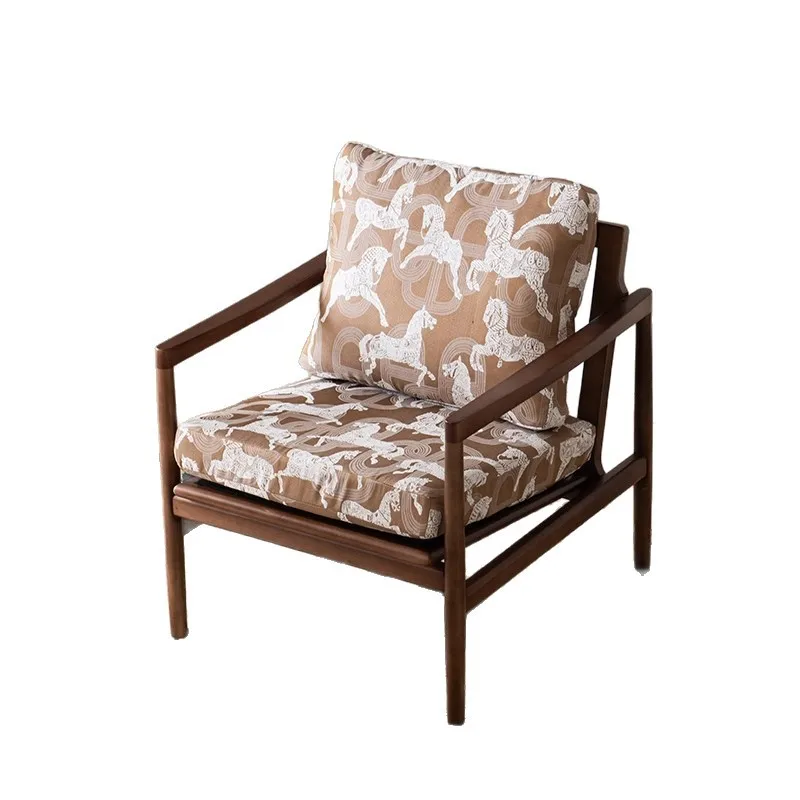 

American retro single casual home solid wood sofa chair living room balcony lazy backrest printed fabric sofa chair