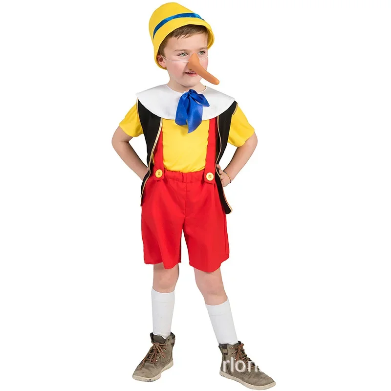 Boys Girls Pinocchio Costume Kids Halloween Funny Birthday Party Clothes Cartoon Character Roleplay Cosplay Costume Nose Set