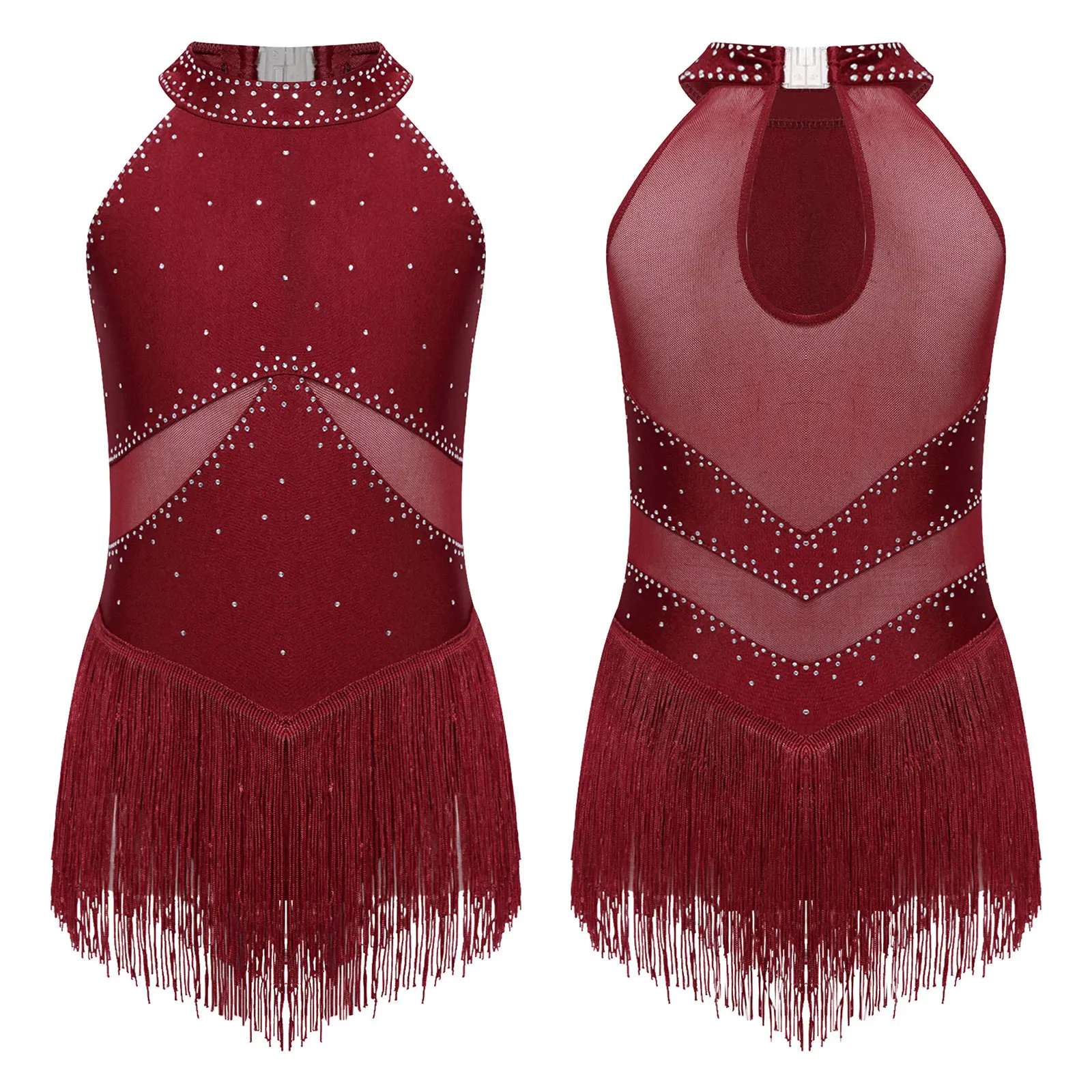 Kids Girls Latin Dance Leotard Dress Figure Skating Tango Cha-Cha Performance Costume Sleeveless Rhinestone Mesh Tassel Bodysuit