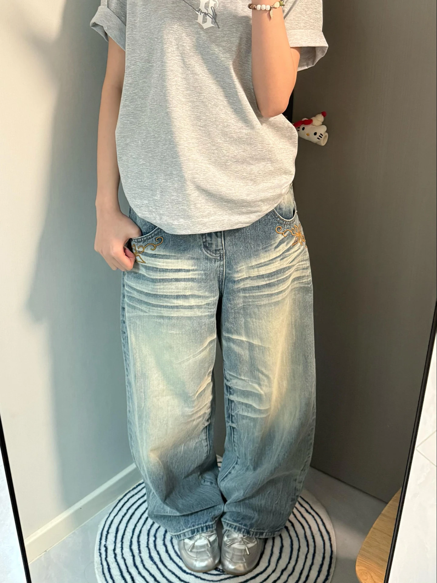 

Ретро-джинсы американского стиля больших размеров для мужчин и женщин, свободные, с вышивкой, широкие штанины, длинные брюки, винтажный деним с эффектом потертости