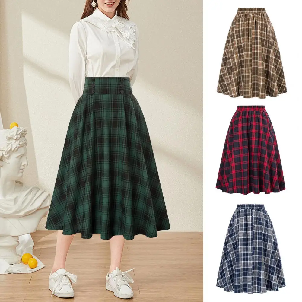 Women's Casual Plaid Print Midi Skirt With A-Line Pleated Design And Buckle Detail Large Hem Slimming Effect Autumn Winter Skirt